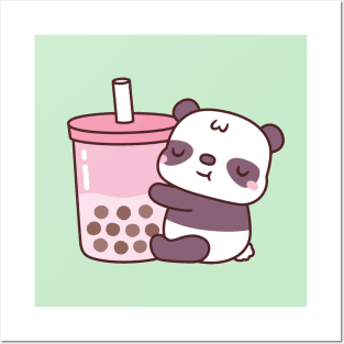 Cute Panda Hugging Strawberry Milk Tea Posters and Art